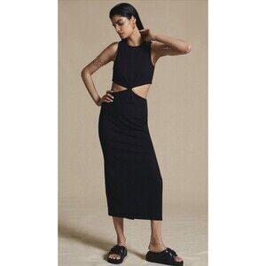 Anthropologie Sundry Midi Knit Dress Black Cutout Stretch Vacay Beach Small NWT